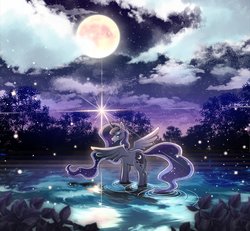 Size: 1500x1387 | Tagged: safe, artist:yukina-namagaki, princess luna, alicorn, pony, g4, bedroom eyes, cloud, cute, female, full moon, glowing horn, horn, lake, leaf, looking at you, lunabetes, mare, moon, night, scenery, sky, solo, spread wings, starry night, stars, water, wings