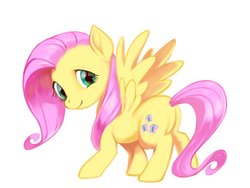 Size: 1024x768 | Tagged: safe, artist:tone_ontone, fluttershy, pegasus, pony, g4, cute, female, looking at you, looking back, looking back at you, mare, shyabetes, simple background, solo, spread wings, white background, wings