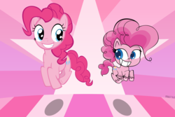 Size: 4500x3000 | Tagged: safe, artist:ace play, pinkie pie, earth pony, pony, g4, g4.5, my little pony: pony life, abstract background, cute, diapinkes, duo, generational ponidox, grin, high res, looking at each other, pronking, self ponidox, smiling, unshorn fetlocks, vector