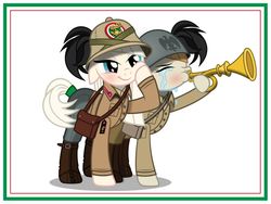 Size: 1024x768 | Tagged: safe, artist:brony-works, oc, oc only, bat, earth pony, pony, :t, bersaglieri, blushing, boots, border, bugle, cheek squish, clothes, crying, eyes closed, fascism, fascist italy, female, floppy ears, hat, helmet, italy, lidded eyes, mare, military, musical instrument, pith helmet, puffy cheeks, shoes, simple background, smiling, smirk, squishy cheeks, uniform, white background, world war ii