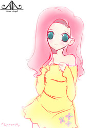 Size: 907x1296 | Tagged: safe, artist:anzuangel, fluttershy, human, g4, bare shoulders, clothes, colored pupils, cute, cutie mark, cutie mark on clothes, dress, female, humanized, looking at you, off shoulder, shyabetes, simple background, solo, white background