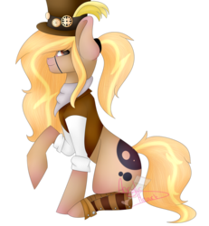 Size: 859x931 | Tagged: safe, artist:fallen-colors, oc, oc only, oc:debonair, earth pony, pony, bandana, boots, clothes, eyepatch, feather, female, hat, mare, raised hoof, shirt, shoes, simple background, sitting, solo, steampunk, stopwatch, top hat, transparent background, vest