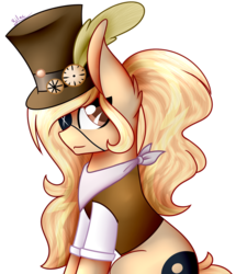 Size: 829x964 | Tagged: safe, artist:lilacbases, oc, oc only, oc:debonair, earth pony, pony, bandana, clothes, eyepatch, feather, female, hat, mare, shirt, simple background, sitting, solo, steampunk, stopwatch, top hat, transparent background, vest