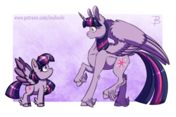 Size: 1807x1200 | Tagged: safe, artist:inuhoshi-to-darkpen, twilight sparkle, alicorn, pony, g4, g4.5, my little pony: pony life, abstract background, butt fluff, cheek fluff, chest fluff, chibi, colored pupils, colored wings, colored wingtips, confused, duality, ear fluff, eye contact, feathered fetlocks, female, fluffy, frown, generational ponidox, hoof fluff, leg fluff, looking at each other, looking down, looking up, mare, raised hoof, raised leg, self ponidox, shoulder fluff, simple background, spread wings, time paradox, transparent background, twilight sparkle (alicorn), twolight, unshorn fetlocks, wide eyes, wing fluff, wings