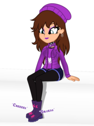 Size: 773x1034 | Tagged: safe, alternate version, artist:cyberapple456, oc, oc only, oc:chloe adore, equestria girls, g4, boots, clothes, ear piercing, earring, eyeshadow, hat, jacket, jewelry, lipstick, makeup, onomatopoeia, piercing, purple eyeshadow, purple lipstick, shoes, simple background, smiling, solo, transparent background