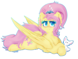 Size: 1080x810 | Tagged: safe, artist:vanillaswirl6, angel bunny, fluttershy, pegasus, pony, g4, cheek fluff, chest fluff, crossed hooves, cute, female, fluffershy, fluffy, hair accessory, hairpin, looking at you, lying down, older, older fluttershy, prone, shyabetes, simple background, smiling, solo, sploot, transparent background