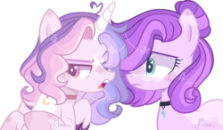 Size: 1280x747 | Tagged: safe, artist:moon-rose-rosie, oc, oc only, oc:celestial moon, oc:esmeralda persephone, alicorn, dracony, hybrid, pony, unicorn, ahoge, alicorn oc, base used, blush lines, blushing, choker, closed mouth, colored eartips, colored eyelashes, colored pupils, colored wings, colored wingtips, duo, female, folded wings, frown, hair bun, hair over one eye, horn, interspecies offspring, lightly watermarked, magical lesbian spawn, mismatched eyebrows, offspring, open mouth, parent:rainbow dash, parent:rarity, parent:spike, parent:twilight sparkle, parents:sparity, parents:twidash, pink eyes, simple background, sparkly wings, transparent background, watermark, wings