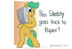 Size: 1920x1312 | Tagged: safe, artist:perezadotarts, oc, oc only, oc:pen sketchy, earth pony, pony, semi-anthro, announcement, arm hooves, belly button, cutie mark, digital art, drawing, hair, mane, paper, simple background, solo, tail, text