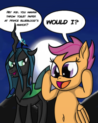 Size: 2400x3000 | Tagged: safe, artist:saburodaimando, queen chrysalis, scootaloo, changeling, changeling queen, pegasus, pony, g4, belly button, bipedal, daimando is going to hell, dialogue, female, filly, high res, implied prince blueblood, implied toilet paper, moon, night, pure unfiltered evil