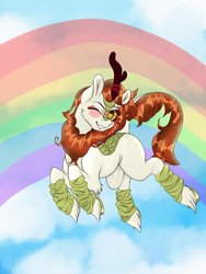 Size: 1536x2048 | Tagged: safe, artist:dannimation, autumn blaze, kirin, g4, blushing, clothes, cloud, cloudy, female, heart eyes, leg warmers, mare, one eye closed, rainbow, sky, smiling, solo, wingding eyes, wink