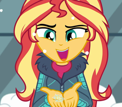 Size: 1226x1080 | Tagged: safe, screencap, sunset shimmer, blizzard or bust, equestria girls, equestria girls specials, g4, my little pony equestria girls: better together, my little pony equestria girls: holidays unwrapped, clothes, cropped, cute, fake snow, female, happy, jacket, open mouth, outdoors, shimmerbetes, smiling, snow, snowflake, solo, winter jacket, winter outfit