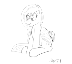 Size: 1800x1600 | Tagged: safe, artist:kalashnikitty, oc, oc only, oc:flugel, pegasus, pony, black and white, female, grayscale, happy, lineart, mare, monochrome, signature, sit, sitting, sketch, smiling, solo, wings