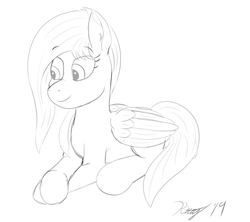 Size: 1800x1600 | Tagged: safe, artist:kalashnikitty, oc, oc only, oc:flugel, pegasus, pony, black and white, crossed hooves, female, grayscale, mare, monochrome, prone, sketch, smiling, smirk, solo, wings