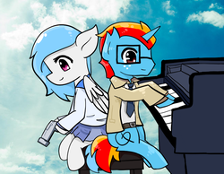 Size: 900x700 | Tagged: safe, artist:wisheslotus, oc, oc only, oc:wishes, pegasus, pony, unicorn, clothes, cloud, coat, collaboration, duo, female, freckles, glasses, gun, horn, male, mare, musical instrument, necktie, pegasus oc, piano, sitting, smiling, stallion, unicorn oc, weapon, wings