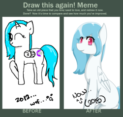 Size: 784x744 | Tagged: safe, artist:wisheslotus, oc, oc only, oc:wishes, alicorn, pegasus, pony, alicorn oc, comparison, draw this again, female, horn, mare, one eye closed, pegasus oc, race swap, raised hoof, redraw, simple background, sitting, smiling, transparent background, wings, wink