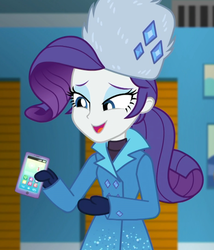 Size: 926x1080 | Tagged: safe, screencap, rarity, equestria girls, equestria girls specials, g4, my little pony equestria girls: better together, my little pony equestria girls: holidays unwrapped, beautiful, cellphone, clothes, coat, cropped, cute, female, hat, lidded eyes, mittens, phone, raribetes, rarity's winter hat, self-storage facility, smartphone, smiling, solo, sweater, turtleneck, ushanka, winter coat, winter hat, winter outfit