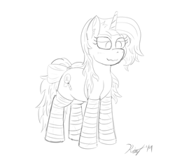 Size: 1800x1600 | Tagged: safe, artist:kalashnikitty, oc, oc only, oc:optical illusion, pony, unicorn, black and white, blushing, bow, closet sub, clothes, cute, female, grayscale, lineart, mare, monochrome, pretty, ruffled mane, signature, sketch, socks, solo, someone boop this pony, striped socks