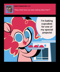 Size: 800x950 | Tagged: safe, artist:footsam, pinkie pie, earth pony, pony, ask pinkie pie and tornado, g4, ask, baking, colored, cupcake, female, flat colors, food, no pupils, oven, solo, tumblr