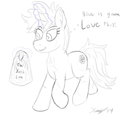 Size: 1800x1600 | Tagged: safe, artist:kalashnikitty, oc, oc only, oc:six-shooter, pony, unicorn, fallout equestria, black and white, female, glowing horn, grayscale, happy, horn, lineart, magic, mare, monochrome, plastic bag, sketch, solo, speech, telekinesis, thought bubble, trotting