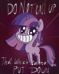 Size: 1125x1400 | Tagged: safe, artist:t72b, derpibooru exclusive, twilight sparkle, alicorn, pony, g4.5, my little pony: pony life, demonic, female, grin, h.p. lovecraft, mare, pronking, smiling, solo, text, twilight sparkle (alicorn)