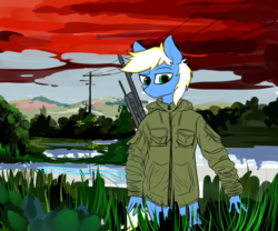 Size: 700x583 | Tagged: safe, artist:likalido, oc, oc only, oc:goldie, earth pony, anthro, gun, male, solo, weapon