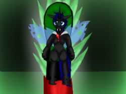 Size: 1600x1200 | Tagged: safe, artist:auroraswirls, oc, oc only, changeling, blue changeling, changeling oc, fangs, male, sitting, slit pupils, solo, throne