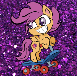 Size: 1536x1523 | Tagged: safe, artist:amynewblue, scootaloo, pegasus, pony, g4.5, my little pony: pony life, abstract background, cute, cutie mark, eye clipping through hair, female, filly, glitter, scooter, solo, the cmc's cutie marks