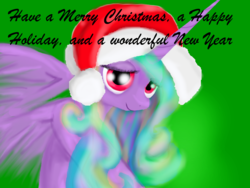 Size: 1600x1200 | Tagged: safe, artist:auroraswirls, oc, oc only, oc:aurora swirls, alicorn, pony, alicorn oc, christmas, female, gradient background, happy holidays, hat, holiday, horn, mare, santa hat, smiling, solo, text