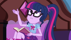 Size: 1920x1080 | Tagged: safe, screencap, sci-twi, twilight sparkle, blizzard or bust, equestria girls, equestria girls series, g4, holidays unwrapped, spoiler:eqg series (season 2), bags under eyes, book, bowtie, clothes, exhausted, female, geode of telekinesis, glasses, legs, lip bite, magical geodes, miniskirt, pillow, ponytail, skirt, solo, studying, textbook, tired