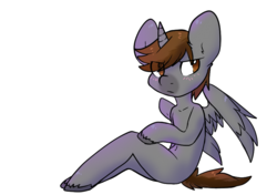 Size: 867x612 | Tagged: safe, artist:pomrawr, oc, oc only, alicorn, semi-anthro, alicorn oc, arm hooves, eye clipping through hair, frown, horn, male, simple background, sitting, solo, stallion, transparent background, unshorn fetlocks