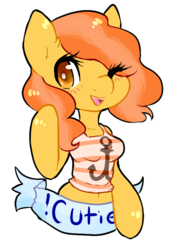 Size: 535x767 | Tagged: safe, artist:pomrawr, oc, oc only, anthro, arm hooves, banner, breasts, clothes, eye clipping through hair, female, mare, one eye closed, simple background, smiling, solo, text, transparent background, wink