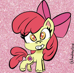 Size: 1536x1513 | Tagged: safe, artist:amynewblue, apple bloom, earth pony, pony, g4, g4.5, my little pony: pony life, apple, apple bloom's bow, bow, commission, cutie mark, female, filly, food, glitter, hair bow, smiling, solo, the cmc's cutie marks