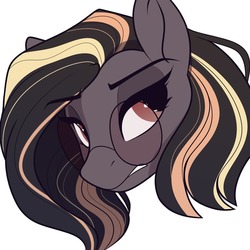 Size: 1050x1050 | Tagged: safe, artist:crimmharmony, oc, oc only, oc:g'rae, pony, bust, female, frown, grimace, lidded eyes, looking back, mare, simple background, solo, sunglasses, white background, wip