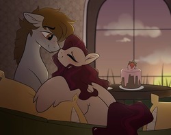 Size: 1080x850 | Tagged: safe, artist:crimmharmony, oc, oc only, oc:crimm harmony, oc:stitched laces, earth pony, pegasus, pony, blushing, cake, cloud, couch, couple, duo, eyes closed, female, food, freckles, looking at each other, love, male, mare, nose to nose, not littlepip, oc x oc, pillow, plate, shipping, sitting, spread wings, stallion, stimony, straight, strawberry, sunset, table, window, wings