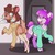 Size: 1080x1080 | Tagged: safe, artist:crimmharmony, oc, oc only, oc:gummy bear, deer, earth pony, pony, band-aid, band-aid on nose, bandage, bow, butt, clothes, clothes hanger, doe, door, duo, eyes closed, fangs, featureless crotch, female, hoodie, horn, laughing, looking at each other, mare, plot, pose, raised tail, short tail, socks, standing, stockings, store, tail, thigh highs