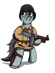 Size: 1536x2048 | Tagged: safe, artist:samoht-lion, oc, oc only, earth pony, pony, bipedal, camouflage, clothes, earth pony oc, face paint, gun, hat, jacket, simple background, soldier, solo, tommy gun, weapon, white background