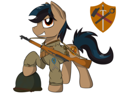 Size: 2556x2040 | Tagged: safe, artist:oddball52, oc, oc only, oc:strong hammer, earth pony, pony, clothes, earth pony oc, grin, gun, hammer, hat, high res, m1 garand, male, raised hoof, reference sheet, rifle, shield, simple background, smiling, solo, stallion, sword, transparent background, weapon