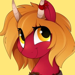 Size: 1080x1080 | Tagged: safe, artist:crimmharmony, oc, oc only, oc:pandora, original species, pony, bow, bust, female, horn, looking up, mare, profile picture, ribbon, simple background, smiling, solo, yellow background