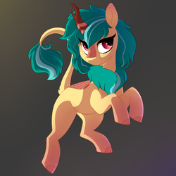 Size: 2800x2800 | Tagged: safe, artist:crimmharmony, oc, oc only, kirin, pony, commission, female, gradient background, gray background, high res, kirin oc, looking at you, mare, raised tail, rearing, solo, tail