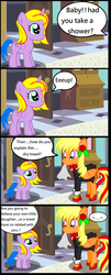 Size: 1112x2743 | Tagged: safe, alternate version, artist:avchonline, oc, oc only, oc:princess lucyan, oc:sean, pony, clothes, comic, dialogue, female, filly, flower, flower in hair, male, mouth hold, pictogram, stallion, towel