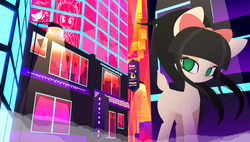 Size: 3840x2178 | Tagged: safe, artist:an-m, oc, oc:callie, deer, deer pony, original species, bow, buying gf, hair bow, high res, neon, neon sign, risk of rain, synthwave