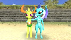 Size: 1280x720 | Tagged: safe, artist:andrescortez7, princess ember, thorax, changedling, changeling, dragon, g4, 3d, dragoness, female, gmod, interspecies, king thorax, male, ship:embrax, shipping, straight