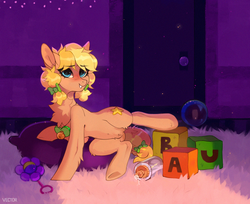 Size: 1200x980 | Tagged: safe, artist:artsandadopts, artist:zlatavector, oc, oc only, earth pony, pony, adult foal, baby bottle, featureless crotch, female, mare, playroom, solo