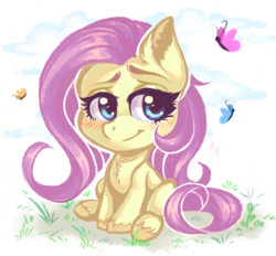 Size: 1293x1200 | Tagged: safe, artist:falafeljake, fluttershy, butterfly, pegasus, pony, g4, g4.5, my little pony: pony life, chest fluff, cute, ear fluff, female, grass, hoof fluff, lidded eyes, looking at you, looking away, mare, raised eyebrow, shyabetes, sitting, smiling, solo, unshorn fetlocks, wingless