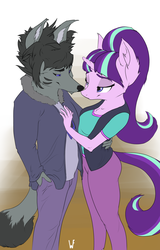 Size: 1597x2500 | Tagged: safe, artist:wulfruna, starlight glimmer, oc, unicorn, wolf, anthro, g4, anthro wolf, breasts, canon x oc, clothes, equestria girls outfit, female, furry, male, mare, smiling