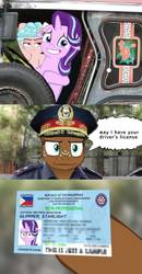 Size: 1000x1920 | Tagged: safe, artist:samueldavillo, cozy glow, spur, starlight glimmer, pegasus, pony, unicorn, g4, :i, cozy spur, driver's license, faic, female, filly, foal, i mean i see, jeepney, mare, philippines, police, police officer