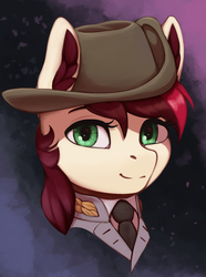 Size: 1615x2169 | Tagged: safe, artist:mrscroup, oc, oc only, oc:appleale, earth pony, pony, equestria at war mod, bust, cavalry, clothes, female, hat, mare, necktie, portrait, simple background, solo, two toned mane, uniform