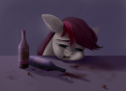 Size: 1280x931 | Tagged: safe, oc, oc only, oc:appleale, earth pony, pony, alcohol, bottle, crying, depression, drunk, female, mare, sad, sadness, simple background, solo, squishy cheeks, wine