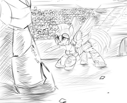 Size: 1280x1045 | Tagged: safe, artist:some_ponu, applejack, fluttershy, rainbow dash, pegasus, pony, g4, colosseum, fight, gladiator, monochrome, mouth hold, sword, weapon