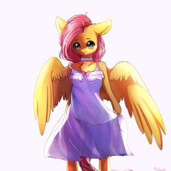Size: 4000x4000 | Tagged: safe, artist:miokomata, fluttershy, pegasus, semi-anthro, g4, arm hooves, backlighting, blushing, bow, chest fluff, choker, clothes, cute, female, floppy ears, freckles, mare, nightgown, see-through, shyabetes, simple background, smiling, solo, white background